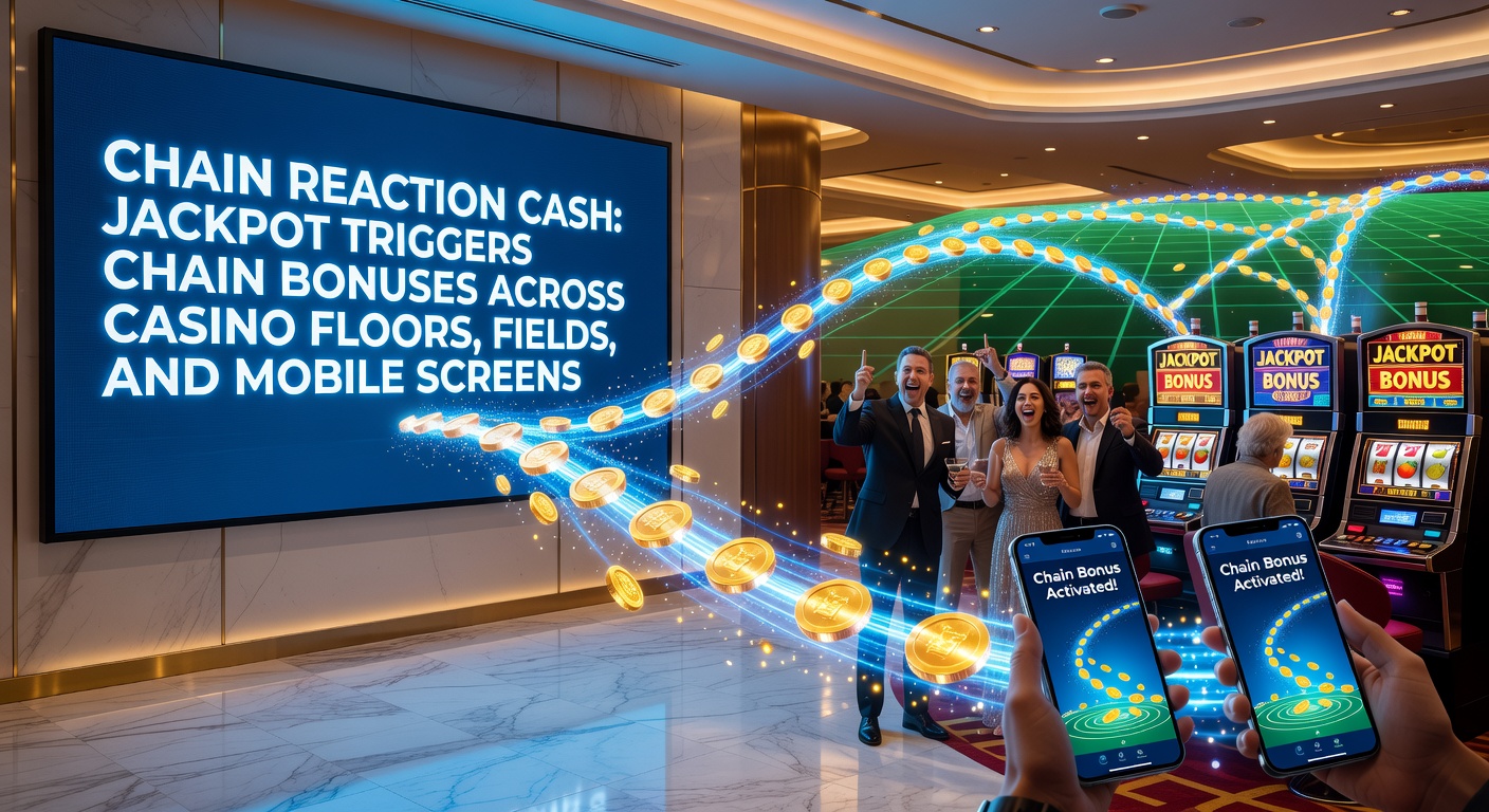 Vibrant casino floor with flashing jackpot lights adn excited players gathered around slot machines, symbolizing the start of a chain reaction bonus event