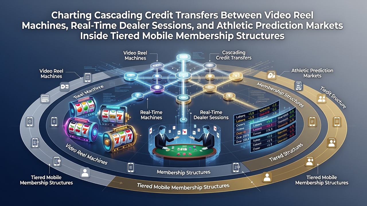 Mobile gaming interface showing interconnected credit transfers between video reels, live dealer tables, and sports prediction markets within a tiered membership dashboard