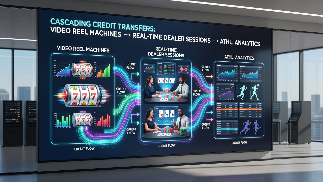 Flow diagram illustrating cascading credit transfers from video reel machines through live dealer sessions into athletic prediction markets within mobile membership tiers