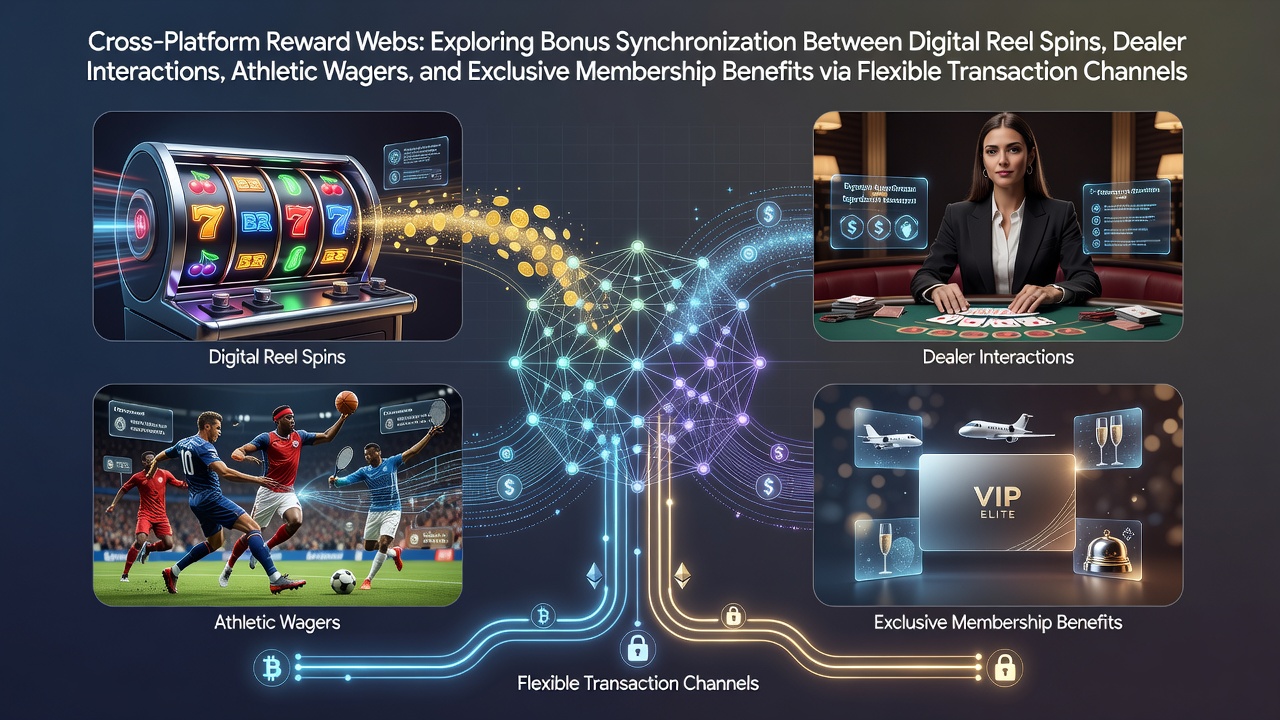 Diagram showing interconnected reward pathways between digital slots, live dealer tables, sports betting interfaces and VIP membership dashboards connected via payment channels