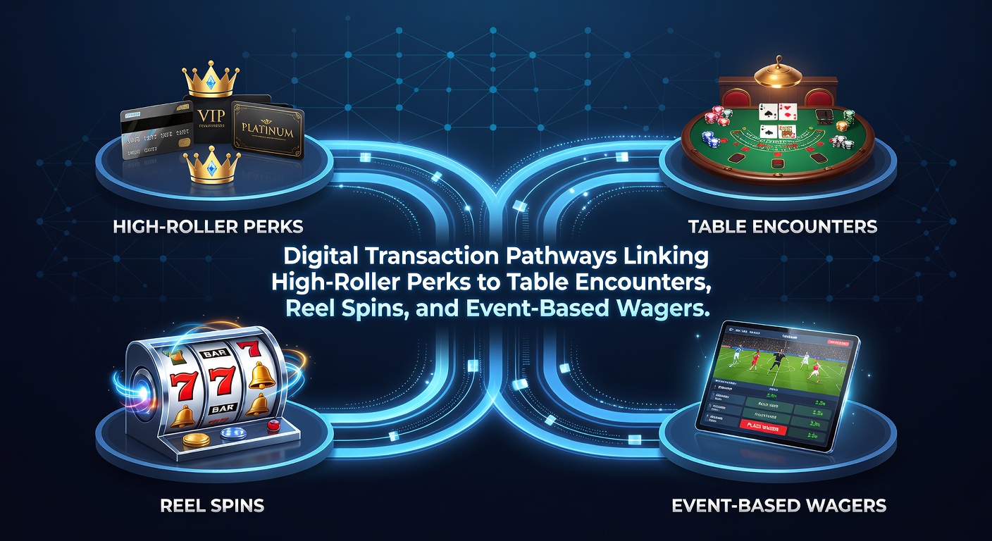 Illustration of digital transaction pathways linking high-roller perks with casino table games, slot reels, and event wagers