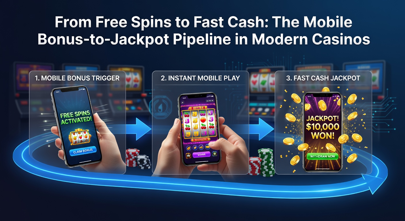 Vibrant mobile casino screen displaying free spins activation leading to jackpot symbols and quick cashout options