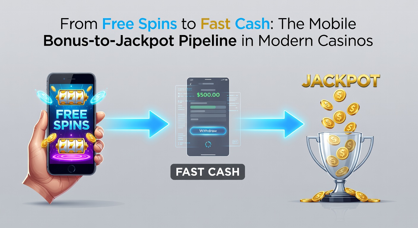Dynamic graphic of a mobile app pipeline: free spins flowing into bonus accumulators, jackpot explosions, and lightning-fast cashout icons