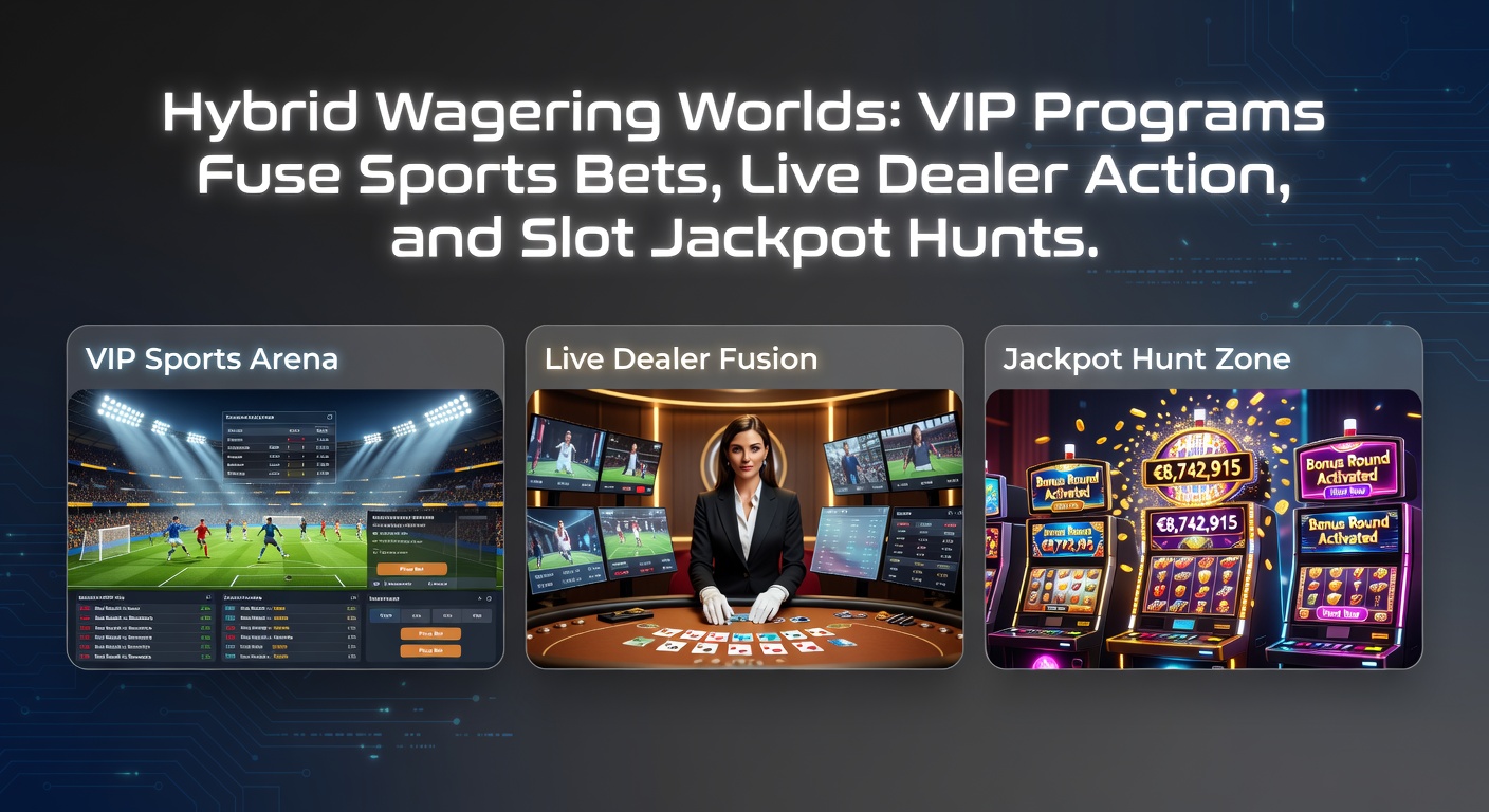 Dynamic scene of a VIP lounge blending sports betting screens, live blackjack tables, and glowing slot jackpots under neon lights