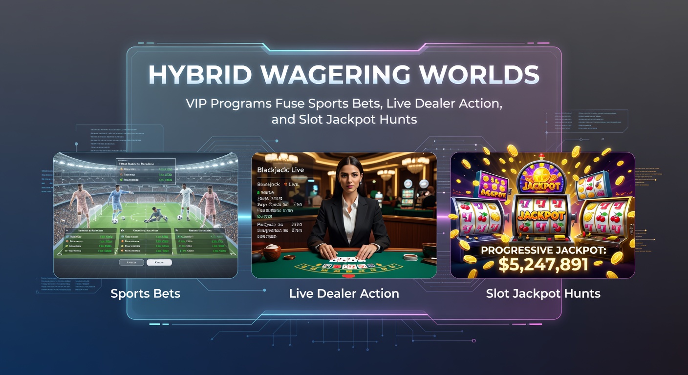 Close-up of a mobile app interface showing simultaneous sports bets, live dealer roulette wheel, and slot reels with VIP badges glowing