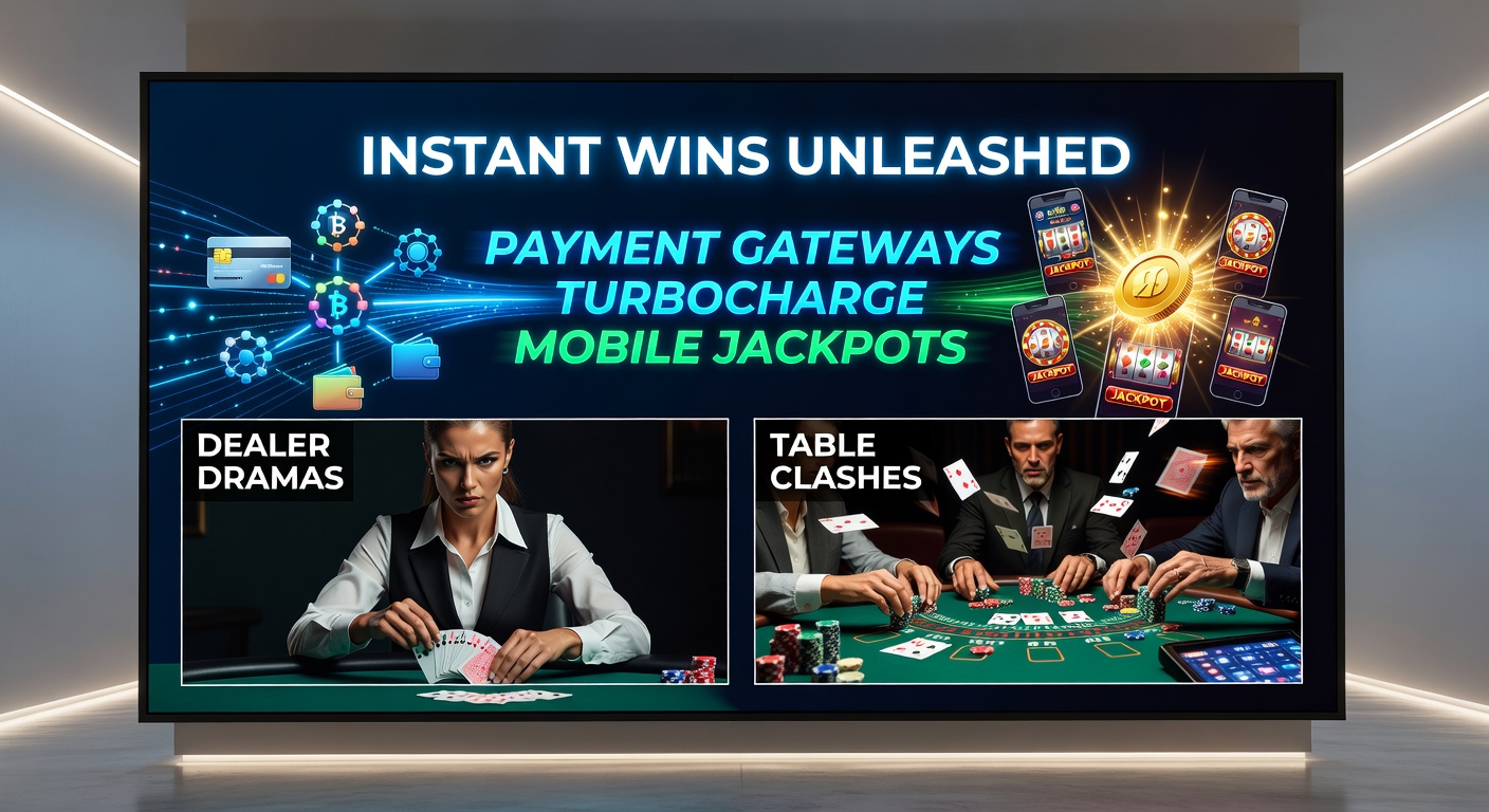 Live dealer at a blackjack table on a mobile interface, with payment gateway icons flashing deposit success and chip stacks growing amid tense gameplay