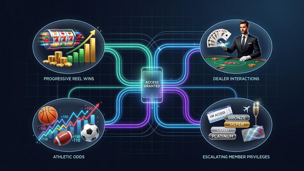 Mobile device displaying interconnected gaming reward systems with slot progressives, live dealer feeds, sports odds, and VIP tier indicators