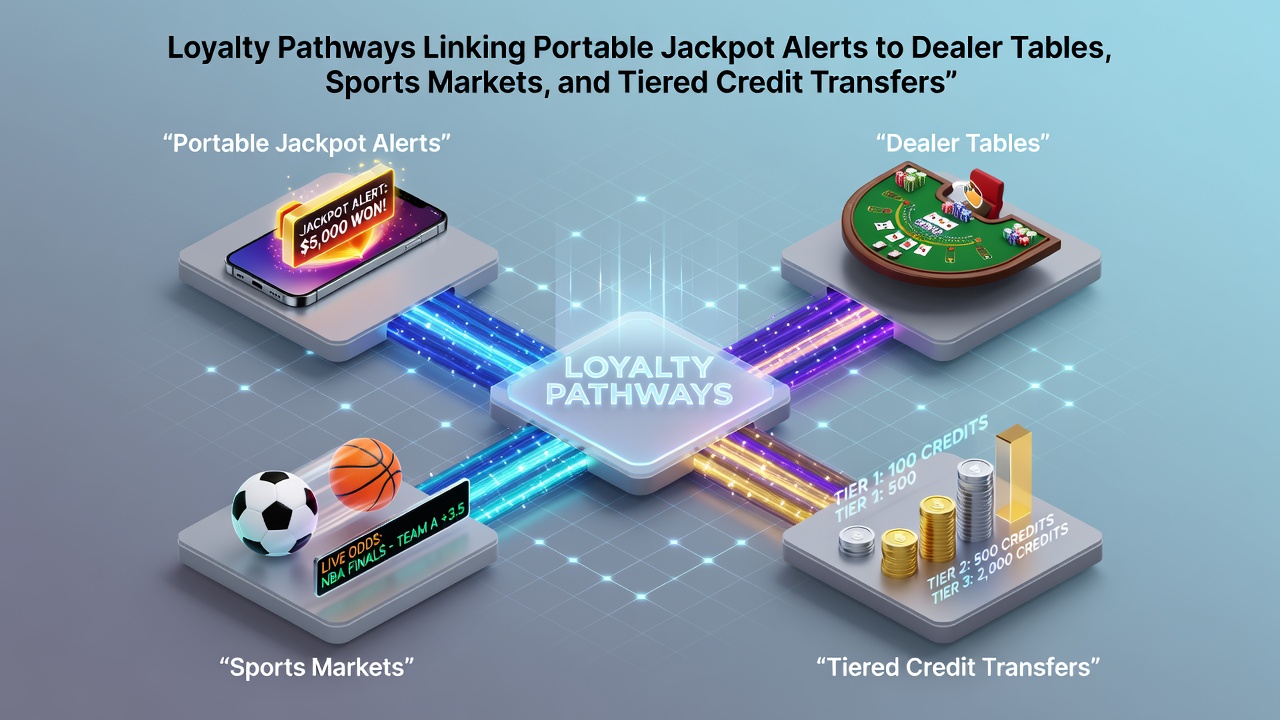 Mobile interface showing jackpot alerts connected to live dealer tables and sports markets through loyalty pathways