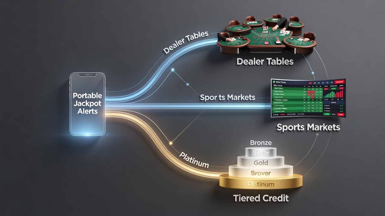 Dashboard view of tiered credit transfers linking jackpot alerts to sports markets and table games