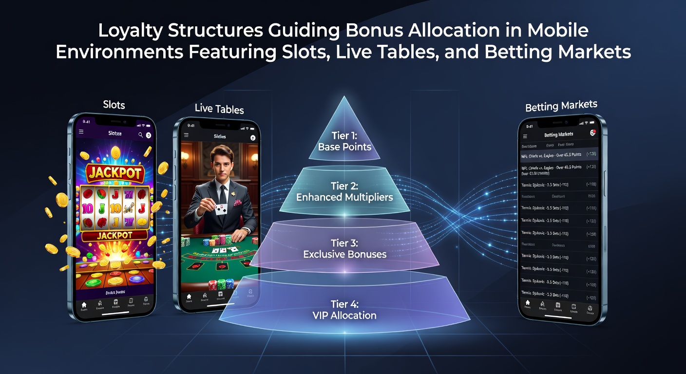 Mobile casino interface displaying loyalty tier progression alongside slot games, live dealer tables, and sports betting markets