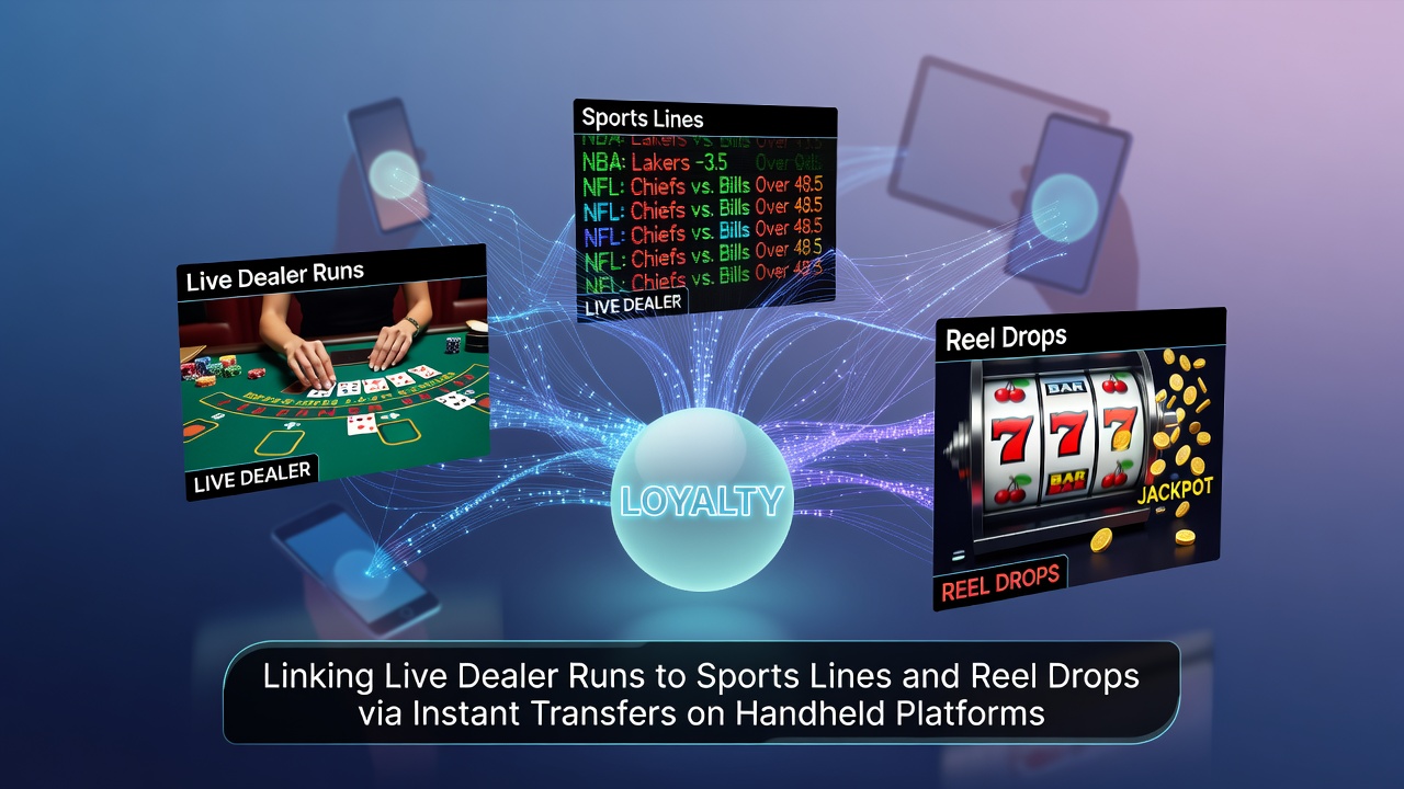 Mobile screen showing interconnected loyalty points flowing between live dealer tables, sports odds, and slot reels