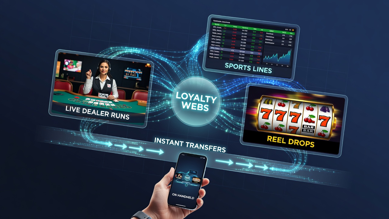 Illustration of loyalty points transferring instantly across mobile interfaces connecting dealers, sports, and slots