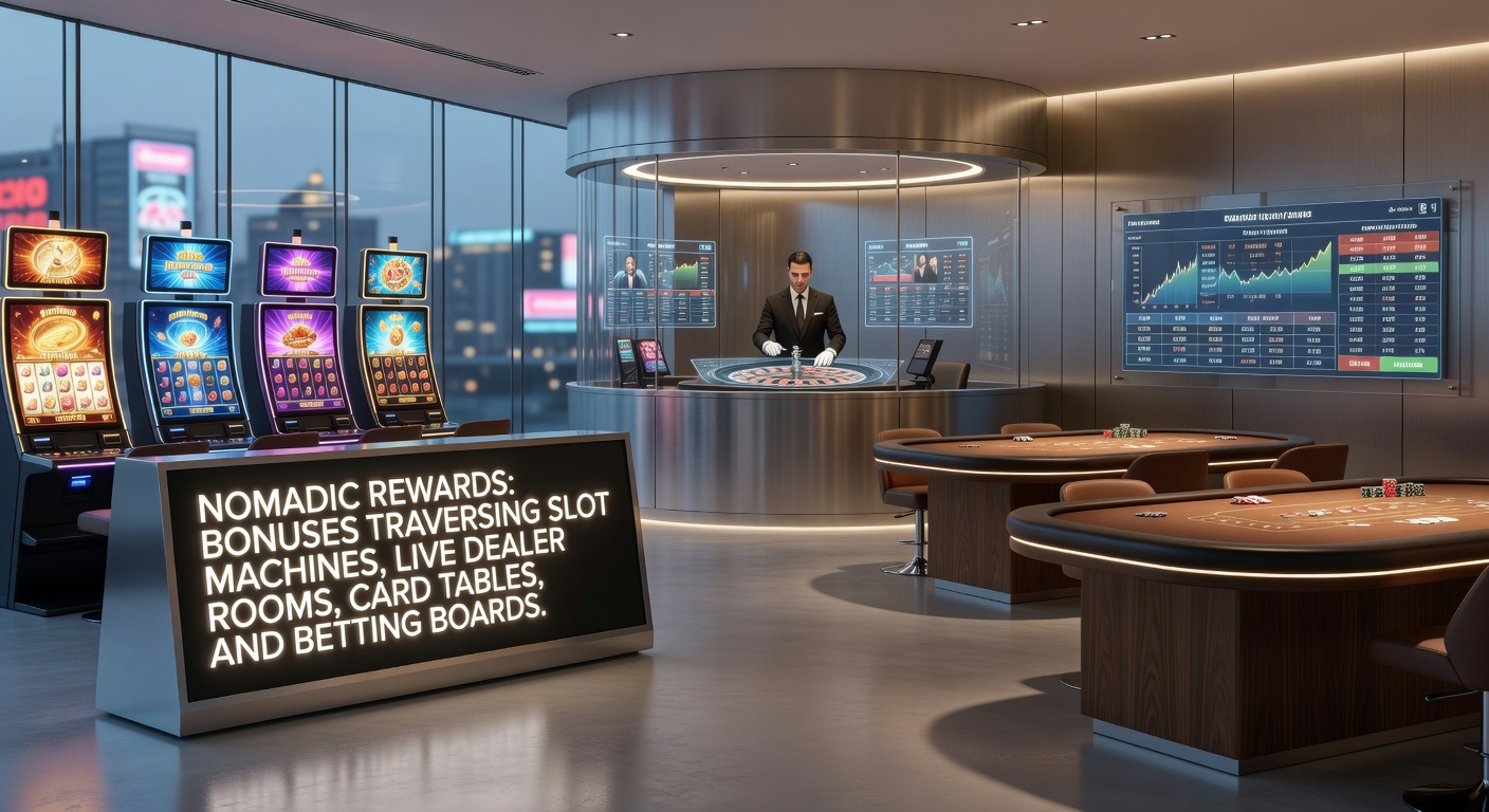 Vibrant casino floor showing slots, live dealer tables, card games, and digital betting boards with glowing bonus notifications linking them all