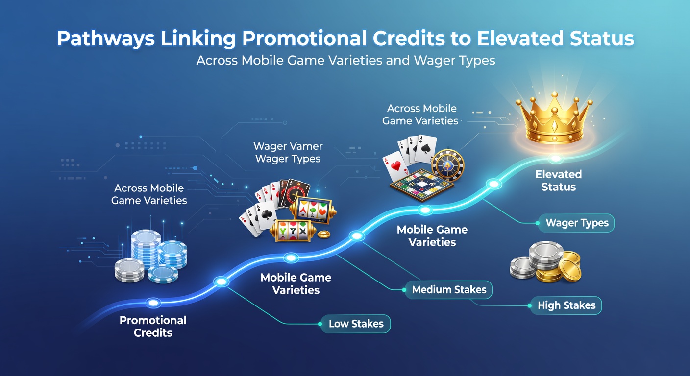 Mobile casino interface displaying promotional credit pathways leading to VIP status indicators across slots and table games