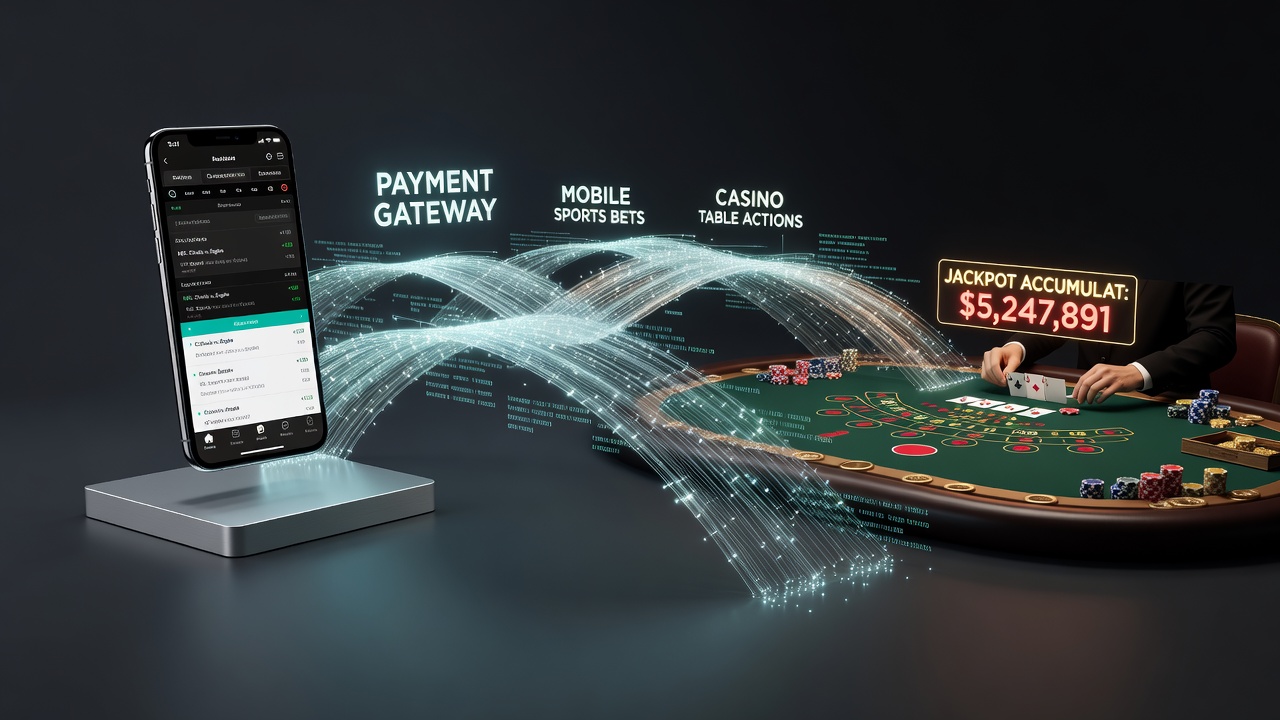 Diagram showing secure data flows from mobile sports betting apps through payment gateways into casino table interfaces and loyalty jackpot accumulation engines