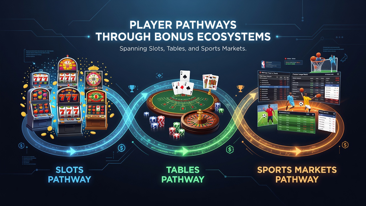 Diagram depicting player movement between slot bonuses, table game rewards, and sports market incentives