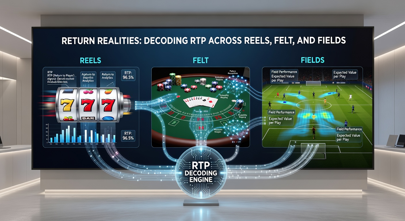 Comparative bar graph illustrating RTP percentages for slots at 94%, blackjack at 99%, roulette at 97%, and sports betting at 95%, with overlaid volatility curves