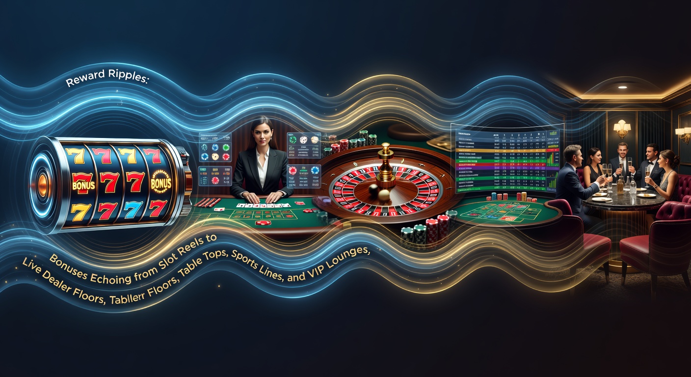 Vibrant casino floor showing slot machines lighting up with jackpot wins, live dealer tables buzzing nearby, and screens displaying sports odds in a unified rewards ecosystem