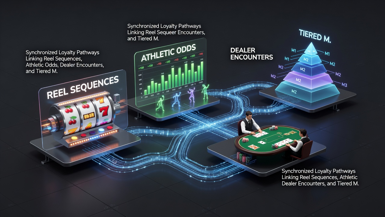 Tablet interface showing interconnected loyalty tiers linking casino games, sports betting, and live dealer rewards