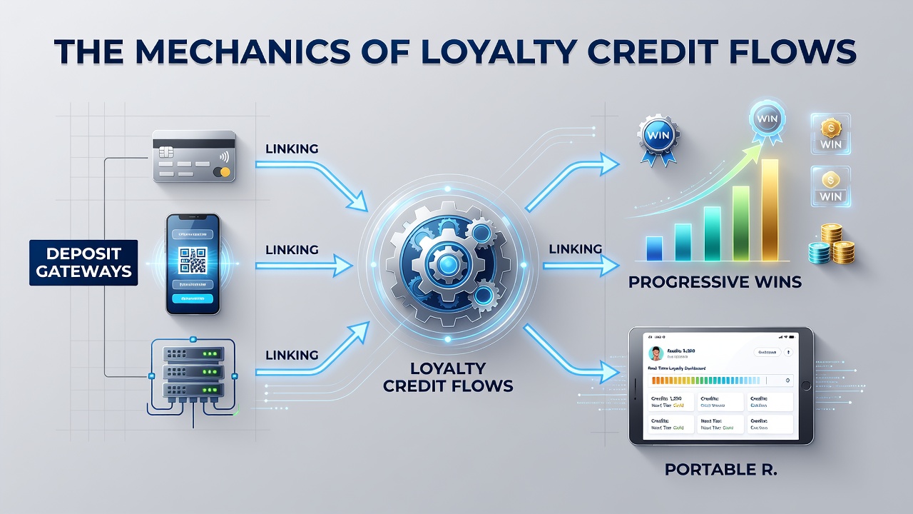 Mobile app screenshots illustrating loyalty points transferring between slot reels, live dealer tables, and sports odds interfaces