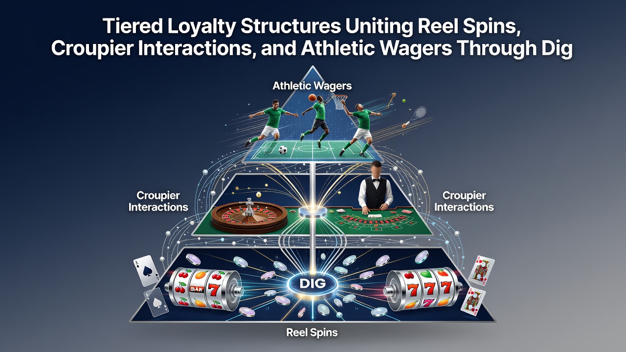 Mobile screen displaying tier progress bar linking slot wins, live croupier rounds, and sports bet settlements