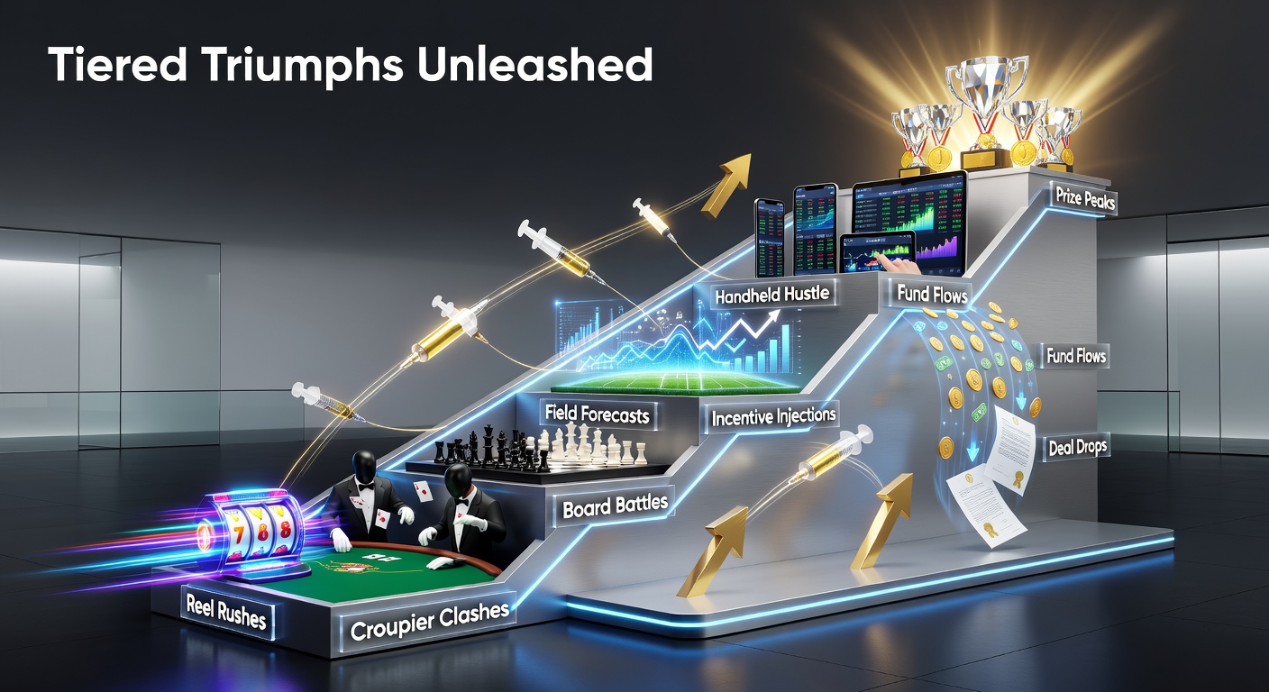 Vibrant digital display of tiered loyalty pyramid integrating slots, live dealers, tables, sports betting, and mobile rewards in a casino app interface