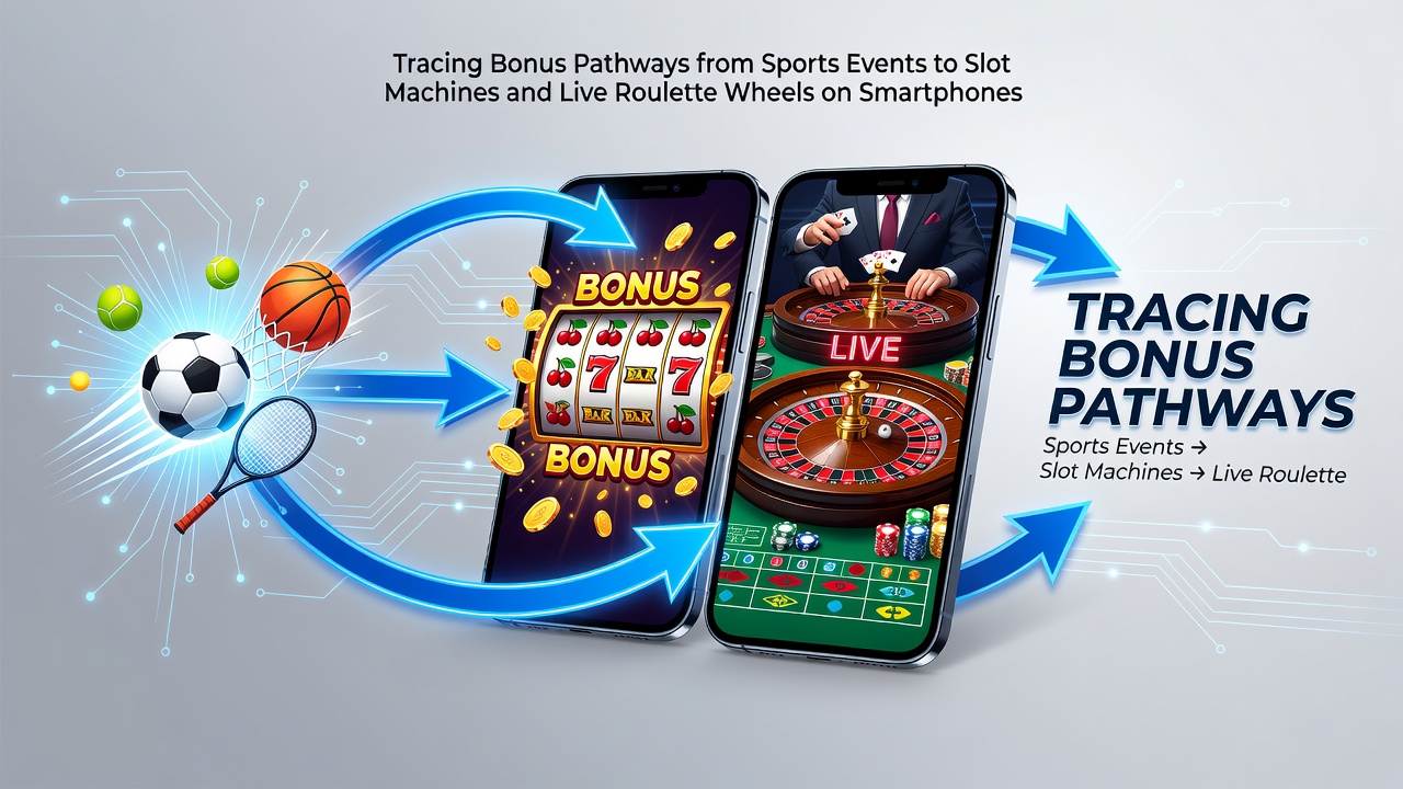 Mobile screen displaying interconnected sports betting odds transitioning into slot game interfaces and live roulette tables