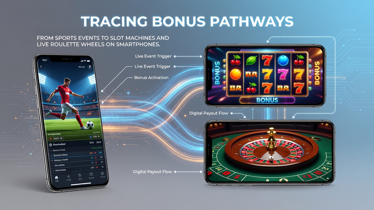 Smartphone interface showing bonus balance transferring between a sports event dashboard, slot reels, and a live roulette wheel
