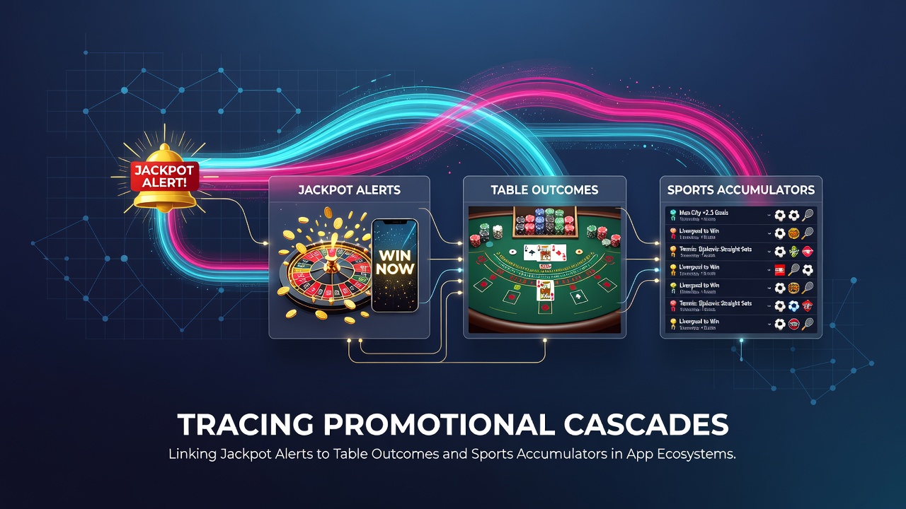Mobile app interface showing interconnected jackpot alerts, table game results, and sports accumulator promotions