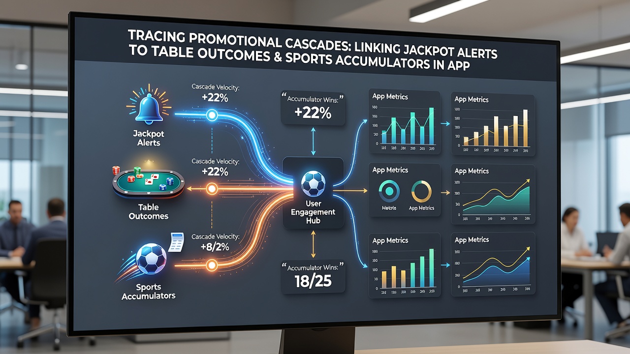 Diagram illustrating promotional cascade pathways from slot jackpots through table results to sports accumulators
