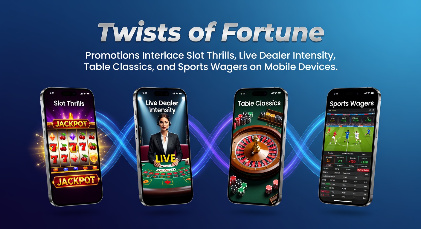 Dynamic mobile screen displaying intertwined promotions for slots, live dealers, table games, and sports betting, with jackpot alerts and bonus spins highlighted