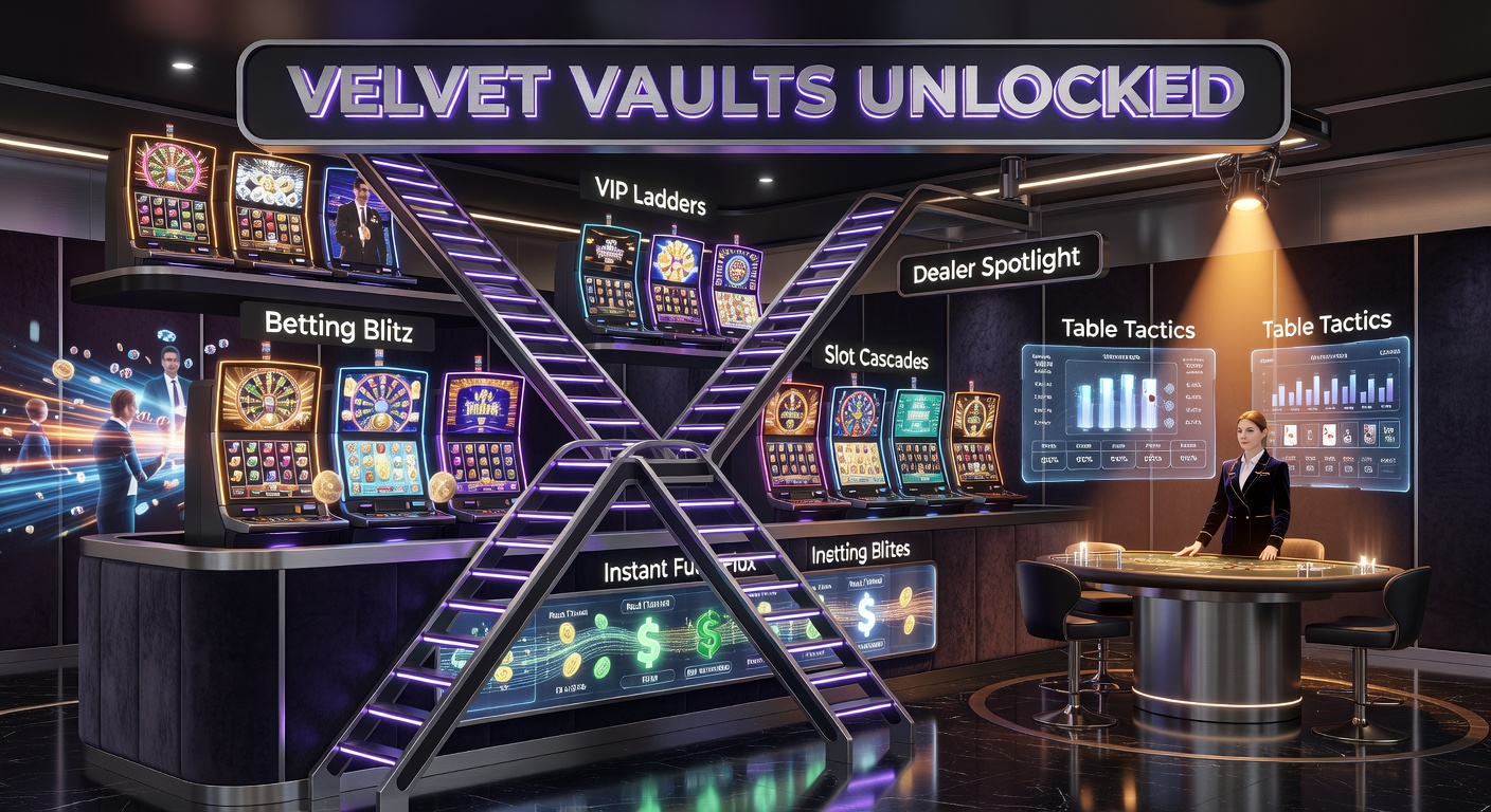 Vibrant casino floor with glowing VIP lounge entrance, slot machines cascading wins, and live dealer tables in action