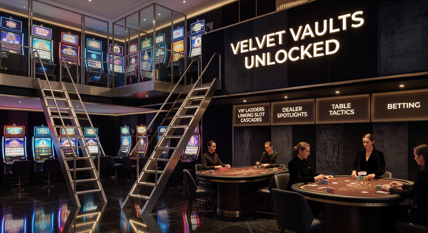Dynamic split-view of slot reels exploding in cascades, a live dealer at a spotlighted blackjack table, and sports betting screens flashing odds