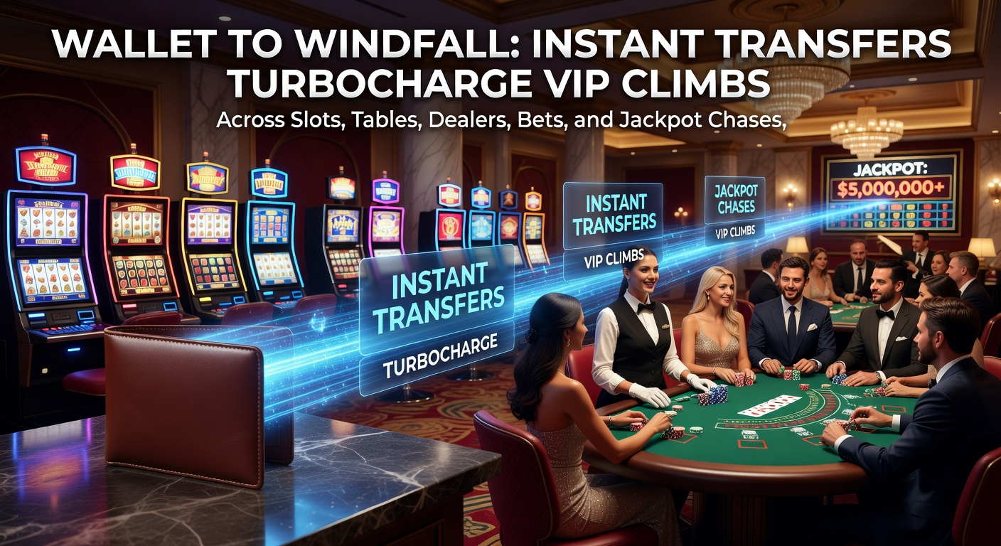 Dynamic graphic showing a wallet transforming into cascading casino chips and VIP trophies amid slots, tables, and jackpot symbols