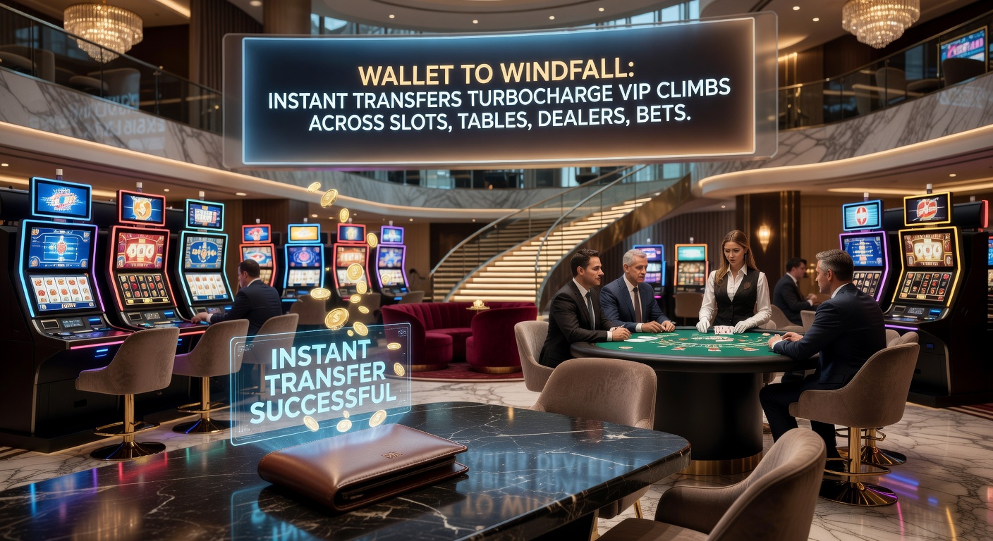 Vibrant scene of a player at a live dealer table with instant transfer notifications popping up amid chips, cards, and VIP badges